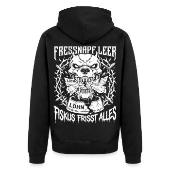 Fressnapf Leer, Fiskus Frisst Alles - Unisex Premium Bio Zip Hoodie - Schwarz - Hinten - Nico (187cm)