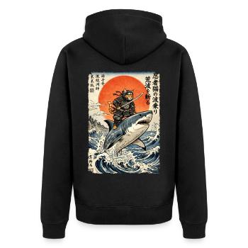 Ninja Katze, Japanischer Krieger & Kämpfer, Hai - Unisex Premium Bio Zip Hoodie - Schwarz - Hinten - Nico (187cm)