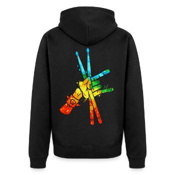 Schlagzeug bunt Drummer Kinder Herren Schlagzeuger - Unisex Premium Bio Zip Hoodie - Schwarz - Hinten - Nico (187cm)