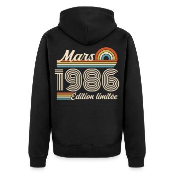 40e Cadeau d’anniversaire - Né en mars 1986 - Veste à capuche bio Premium Unisexe - noir - Dos - Nico (187cm)