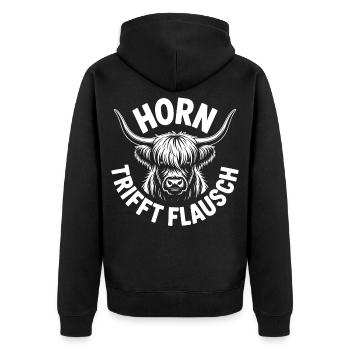 Highlands Horn trifft Flausch - Unisex Premium Bio Zip Hoodie - Schwarz - Hinten - Nico (187cm)