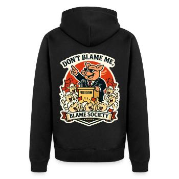 Blame Society Schwein Cartoon-Tee - Unisex Premium Bio Zip Hoodie - Schwarz - Hinten - Nico (187cm)