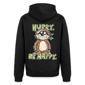 Hurry Be Happy Faultier - Unisex Premium Bio Zip Hoodie - Schwarz - Hinten - Nico (187cm)