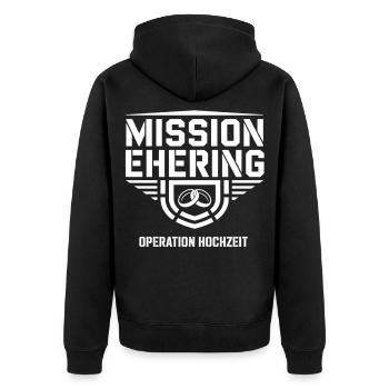 Mission Ehering – Operation Hochzeit Humor - Unisex Premium Bio Zip Hoodie - Schwarz - Hinten - Nico (187cm)