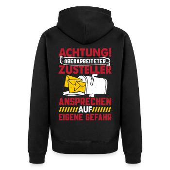 Briefträger ACHTUNG ÜBERARBEITETER ZUSTELLER - Unisex Premium Bio Zip Hoodie - Schwarz - Hinten - Nico (187cm)