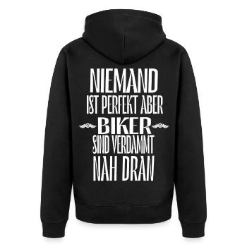 Personne n’est parfait, mais les motards sont sacrément proches - Veste à capuche bio Premium Unisexe - noir - Dos - Nico (187cm)