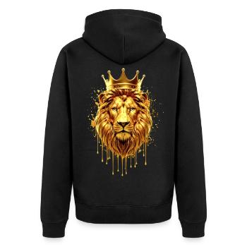 Löwe mit Krone Gold Optik – Majestätisch - Unisex Premium Bio Zip Hoodie - Schwarz - Hinten - Nico (187cm)