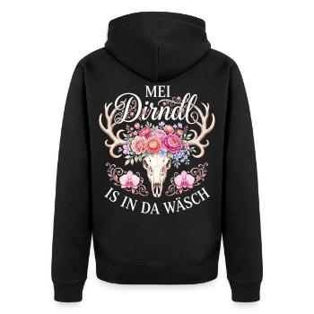 Mei Dirndl is in da Wäsch Trachtenshirt Damen - Unisex Premium Bio Zip Hoodie - Schwarz - Hinten - Nico (187cm)