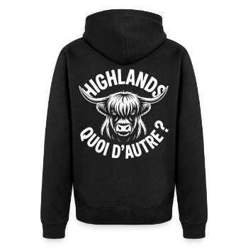 Highlands Ox Longhorn Monochrom - Unisex Premium Bio Zip Hoodie - Schwarz - Hinten - Nico (187cm)