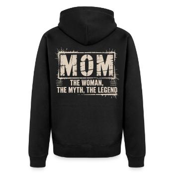 Mama Shirt – Mom The Woman The Myth The Legend - Unisex Premium Bio Zip Hoodie - Schwarz - Hinten - Nico (187cm)