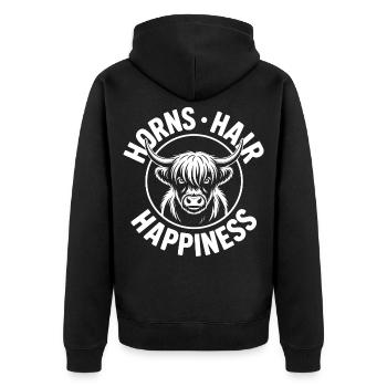 Horns Hair Happiness Highlands - Unisex Premium Bio Zip Hoodie - Schwarz - Hinten - Nico (187cm)
