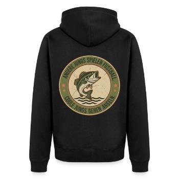 Retro Fischen Fischbadge Coole Jungs Gehen Angeln - Unisex Premium Bio Zip Hoodie - Schwarz - Hinten - Nico (187cm)