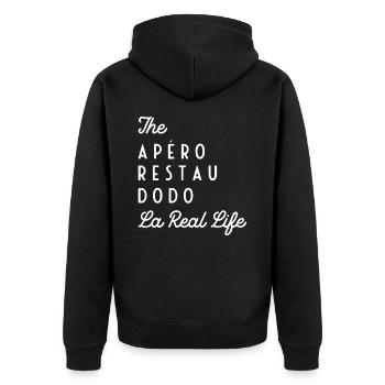 Real Life (white text) - Unisex Premium Organic Zip Hoodie - black - Back - Nico (187cm)