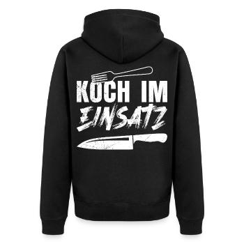 Küchenchef KOCH IM EINSATZ Lustiges - Unisex Premium Bio Zip Hoodie - Schwarz - Hinten - Nico (187cm)