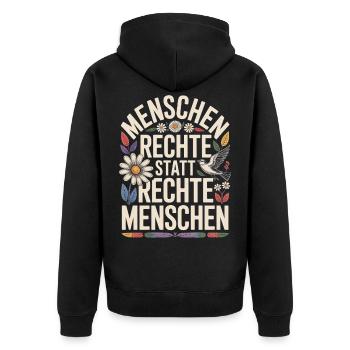 Menschenrechte statt rechte Menschen Statement - Unisex Premium Bio Zip Hoodie - Schwarz - Hinten - Nico (187cm)