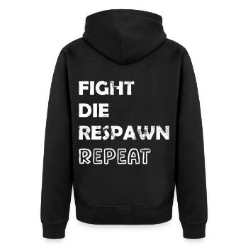 Fight Die Respawn Repeat Gaming Motiv - Unisex Premium Bio Zip Hoodie - Schwarz - Hinten - Nico (187cm)