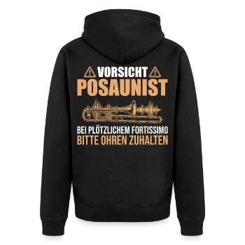 Vorsicht Posaunist Ohren zuhalten - Posaune - Unisex Premium Bio Zip Hoodie - Schwarz - Hinten - Nico (187cm)