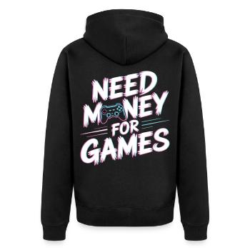 Need Money for Games – Gamer Gaming Spruch - Unisex Premium Bio Zip Hoodie - Schwarz - Hinten - Nico (187cm)