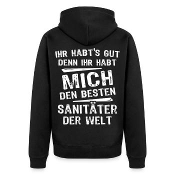 Sanitäter - Unisex Premium Bio Zip Hoodie - Schwarz - Hinten - Nico (187cm)