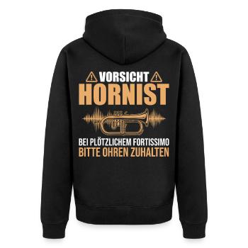 Vorsicht Hornist: Fortissimo Ohren zuhalten - Unisex Premium Bio Zip Hoodie - Schwarz - Hinten - Nico (187cm)