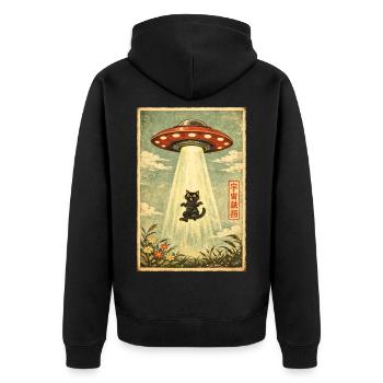 Katze, UFO, Entführung, Aliens, Ausserirdische - Unisex Premium Bio Zip Hoodie - Schwarz - Hinten - Nico (187cm)