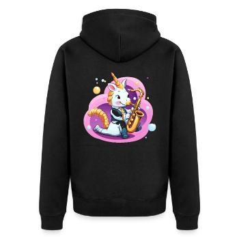 Einhorn Saxophon im Pink Wirbel - Unisex Premium Bio Zip Hoodie - Schwarz - Hinten - Nico (187cm)
