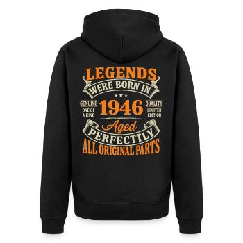 Legenden, geboren 1946, vollkommen alt - Unisex Premium Bio Zip Hoodie - Schwarz - Hinten - Nico (187cm)