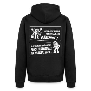 Retraité Surbooké (texte blanc) - Veste à capuche bio Premium Unisexe - noir - Dos - Nico (187cm)