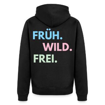 Früh Wild Frei – Frühlingsfest Festival Outfit - Unisex Premium Bio Zip Hoodie - Schwarz - Hinten - Nico (187cm)