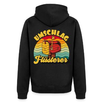 Briefträger UMSCHLAG FLÜTERER LUSTIG - Unisex Premium Bio Zip Hoodie - Schwarz - Hinten - Nico (187cm)