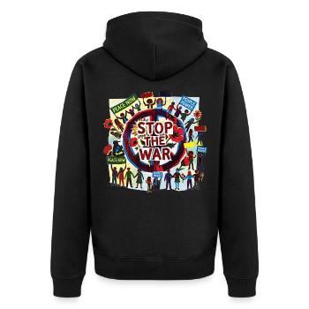 Peace Love Peace against War - Unisex Premium Organic Zip Hoodie - black - Back - Nico (187cm)