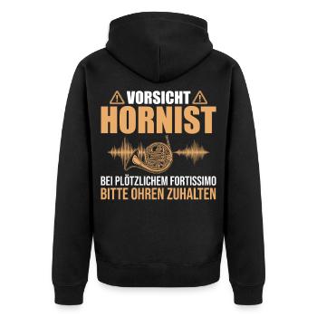 Vorsicht Hornist: Fortissimo Ohren zuhalten - Unisex Premium Bio Zip Hoodie - Schwarz - Hinten - Nico (187cm)
