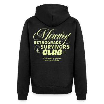 Mercury Retrograde Survivors Club - Unisex Premium Bio Zip Hoodie - Schwarz - Hinten - Nico (187cm)