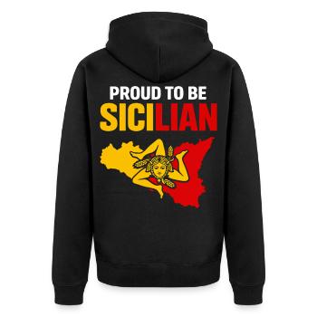 Stolz Sicilianer – Sizilien Farbblock - Unisex Premium Bio Zip Hoodie - Schwarz - Hinten - Nico (187cm)