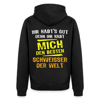Schweisser Geschenk - Unisex Premium Bio Zip Hoodie - Schwarz - Hinten - Nico (187cm)