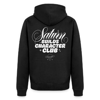 Saturn formt Charakter Club - Unisex Premium Bio Zip Hoodie - Schwarz - Hinten - Nico (187cm)