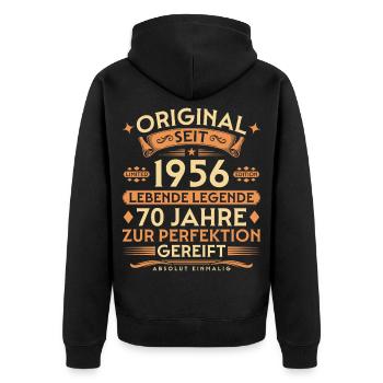 Original seit 1956 – Lebende Legende 70 Jahre - Unisex Premium Bio Zip Hoodie - Schwarz - Hinten - Nico (187cm)
