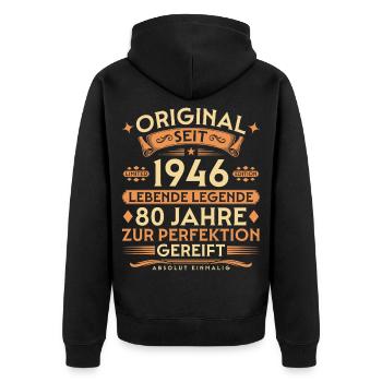 Original seit 1946 – Lebende Legende 80 Jahre - Unisex Premium Bio Zip Hoodie - Schwarz - Hinten - Nico (187cm)