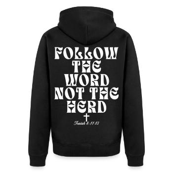 Folge dem Wort Nicht der Herde Christ - Unisex Premium Bio Zip Hoodie - Schwarz - Hinten - Nico (187cm)