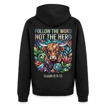 Folge dem Wort Nicht der Herde Christ - Unisex Premium Bio Zip Hoodie - Schwarz - Hinten - Nico (187cm)