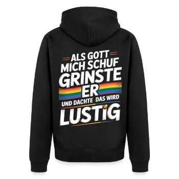 Als Gott mich schuf grinste er – Pride Humor - Unisex Premium Bio Zip Hoodie - Schwarz - Hinten - Nico (187cm)