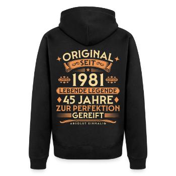 Original seit 1981 – Lebende Legende 45 Jahre - Unisex Premium Bio Zip Hoodie - Schwarz - Hinten - Nico (187cm)