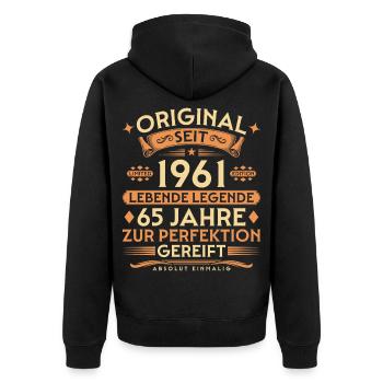 Original seit 1961 – Lebende Legende 65 Jahre - Unisex Premium Bio Zip Hoodie - Schwarz - Hinten - Nico (187cm)