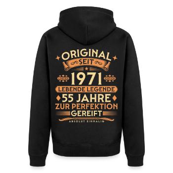 Original seit 1971 – Lebende Legende 55 Jahre - Unisex Premium Bio Zip Hoodie - Schwarz - Hinten - Nico (187cm)