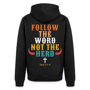 Folge dem Wort Nicht der Herde Christ - Unisex Premium Bio Zip Hoodie - Schwarz - Hinten - Nico (187cm)