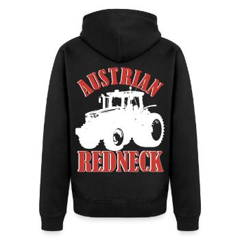 Austrian Redneck – Alpenstil mit Traktor und Bier  - Unisex Premium Bio Zip Hoodie - Schwarz - Hinten - Nico (187cm)