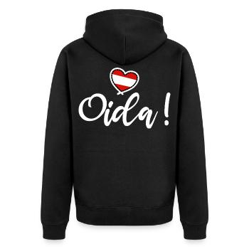 Oida! Österreich Herz I love Austria Dialekt Munda - Unisex Premium Bio Zip Hoodie - Schwarz - Hinten - Nico (187cm)