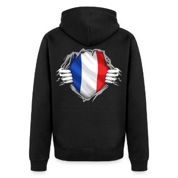 Französische Flagge zerrissen, patriotischer Stil Frankreichs - Unisex Premium Bio Zip Hoodie - Schwarz - Hinten - Nico (187cm)