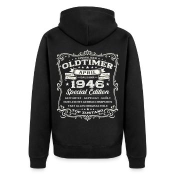 80. Geburtstag Geschenk Mann Oldtimer April1946 - Unisex Premium Bio Zip Hoodie - Schwarz - Hinten - Nico (187cm)