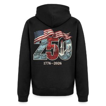 USA 250 Jahre Jubiläum - Unisex Premium Bio Zip Hoodie - Schwarz - Hinten - Nico (187cm)